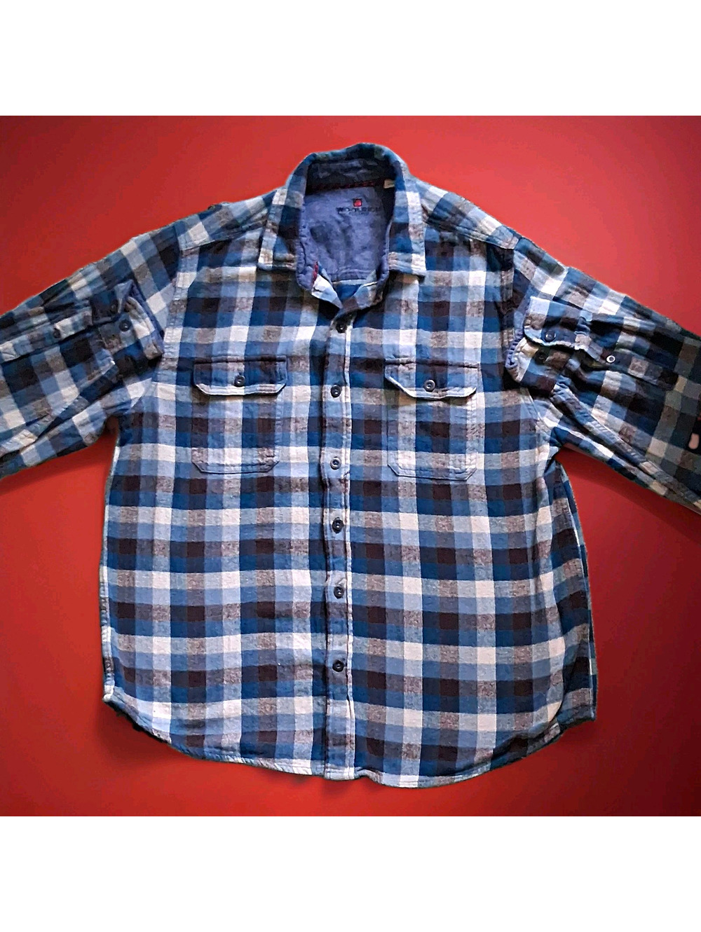 Woolrich Men's Blue/White/Black Plaid Flannel L/S Button-Up Shirt L Pockets
